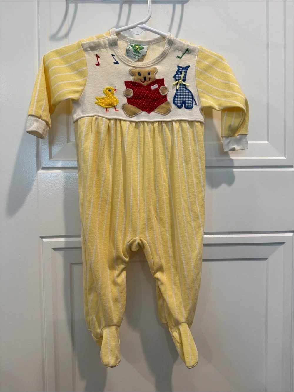 Vintage Yellow Striped Footed One-Piece with Bear & Duck Appliqué